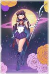  1girl arwald back_bow bishoujo_senshi_sailor_moon black_eyes black_hair boots bow breasts brooch choker circlet cosplay cross-laced_footwear earrings elbow_gloves gem gloves high_heel_boots high_heels highres jewelry komi-san_wa_komyushou_desu komi_shouko long_hair magical_girl medium_breasts miniskirt no_mouth pleated_skirt purple_bow purple_choker purple_eyes purple_footwear purple_gemstone purple_hair purple_sailor_collar purple_skirt sailor_collar sailor_saturn sailor_saturn_(cosplay) shirt short_sleeves silence_glaive skirt solo star_(symbol) star_choker star_ornament white_gloves white_shirt 