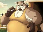  2023 anthro belly big_belly brown_body brown_fur clothing cloud detailed_background fur humanoid_hands john_vithor male mammal outside overweight overweight_male procyonid raccoon shirt smoking solo topwear 
