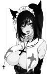  1girl animal_ears artist_name ascot body_markings brassica breast_curtains breasts cleavage commission cross cross_necklace elbow_gloves facial_mark gloves greyscale hair_between_eyes high-waist_skirt highres jewelry large_breasts long_hair maid_headdress monochrome necklace nun open_mouth original ponytail skirt solo upper_body 