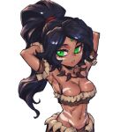  1girl arms_behind_head bare_shoulders black_hair body_markings breasts cleavage dark-skinned_female dark_skin facial_mark fur-trimmed_skirt fur_trim green_eyes jewelry large_breasts league_of_legends long_hair looking_at_viewer navel necklace nidalee phantom_ix_row ponytail simple_background skirt solo stomach teeth tooth_necklace white_background 