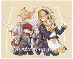  1girl 3boys :3 akari_(pokemon) backpack bag blonde_hair blue_eyes commentary_request dual_persona hair_over_one_eye hat head_scarf highres holding_hands miyapk_171 multiple_boys official_alternate_costume pokemon pokemon_(game) pokemon_legends:_arceus red_scarf rei_(pokemon) scarf short_hair spoilers sweatdrop translation_request volo_(pokemon) 