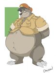  2019 anthro baloo bear belly big_belly bottomless bottomless_anthro bottomless_male canson claws clothed clothing disney fur hands_behind_back hat headgear headwear hi_res jacket male mammal mouth_closed navel obese obese_anthro obese_male overweight overweight_anthro overweight_male signature solo standing talespin the_jungle_book toe_claws topwear wide_eyed 