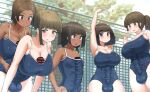  5girls :d armpits black_hair blue_one-piece_swimsuit blush breasts bulge cleavage dark-skinned_female dark_skin erection erection_under_clothes futanari green_eyes green_hair hand_on_own_hip highres huge_penis large_breasts long_hair multiple_girls one-piece_swimsuit original outdoors penis school_swimsuit shinshin_(momomeitiko) short_hair side_ponytail small_breasts smile swimsuit twintails 
