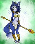  anthro blue_body blue_eyes blue_fur blue_hair blush female fur hair hi_res jewelry krystal nintendo solo staff star_fox ziegelzeig 