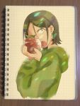  1boy apple black_hair eating food fruit green_eyes green_hair green_hoodie hekicha highres holding holding_food holding_fruit hood hood_down hoodie kabe_taijin long_sleeves looking_at_viewer male_focus open_mouth paripi_koumei red_apple short_hair traditional_media 