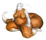  2022 aircraft anthro belly bent_legs big_belly breasts cettus english_text featureless_breasts featureless_crotch female hand_on_leg hand_on_thigh hi_res living_aircraft living_machine living_vehicle machine nasa nude orange_body orange_skin overweight overweight_anthro overweight_female rocket sigh simple_background sitting solo spacecraft text vehicle white_background white_body white_skin 