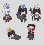  2girls 3boys black_coat black_eyes black_pants black_vest chibi coat faust_(limbus_company) gapamopa gubo_(project_moon) half_updo hong_lu_(limbus_company) limbus_company long_hair looking_at_viewer multiple_boys multiple_girls necktie one_eye_closed open_mouth pants project_moon red-tinted_eyewear red_eyes red_necktie ryoshu_(limbus_company) smile tinted_eyewear very_long_hair vest white_hair yi_sang_(limbus_company) 