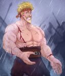  1boy abs absurdres bara battle beckoning belt blonde_hair blood_on_body daxratchet facial_hair feet_out_of_frame goatee grin highres large_pectorals long_sideburns looking_at_viewer male_focus mature_male muscular muscular_male mustache nipples outstretched_hand pectorals planted rain scar short_hair sideburns smile solo standing stomach strongman_waist thick_eyebrows thorkell topless_male viking vinland_saga war 