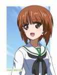  1girl artist_name black_neckerchief blue_sky brown_eyes brown_hair cloud cloudy_sky commentary dated day girls_und_panzer highres long_sleeves looking_to_the_side naotosi neckerchief nishizumi_miho ooarai_school_uniform open_mouth outdoors outside_border sailor_collar school_uniform serafuku shirt short_hair sky smile solo upper_body white_sailor_collar white_shirt 