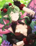 1girl blush breasts cleavage dress english_commentary fire_emblem fire_emblem_awakening fire_emblem_heroes gloves green_eyes green_hair hair_ornament highres long_hair medium_breasts official_alternate_costume pointy_ears ponytail ribbon sakuremi sleeping solo thighhighs tiki_(adult)_(fire_emblem) tiki_(adult)_(resplendent)_(fire_emblem) tiki_(fire_emblem) upper_body 