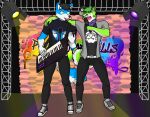  5_fingers akita anthro belt big_tail black_background black_hair black_nose blue_body blue_fur brick_wall buster_wolf canid canine canis cel_shading clothing curled_tail domestic_dog duo eye_contact facial_hair fingers footwear fur goatee graffiti green_body green_eyes green_fur green_hair green_nose hair hand_on_shoulder hat headgear headwear hi_res holding_object humanoid jacket keyboard_instrument keytar laces logo logo_on_shirt looking_at_another male mammal microphone musical_instrument niic open_mouth paws_to_the_walls performance playing_music purple_light scaffolding shaded shirt shoes simple_background singing somerandombasitin spitz stage stage_lights stage_props stage_show standing straps tail topwear wall_(structure) white_body white_fur wolf yellow_eyes yellow_light 
