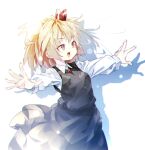  1girl black_skirt black_vest blonde_hair collared_shirt fingernails gorilla_(bun0615) hair_ribbon highres long_sleeves open_mouth outstretched_arms red_eyes red_ribbon ribbon rumia shirt short_hair simple_background skirt solo spread_arms touhou vest white_background white_shirt 