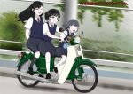  3girls absurdres artist_request chain-link_fence eniwa_shii fence highres honda_super_cub kneehighs koguma_(super_cub) long_hair motor_vehicle motorcycle multiple_girls outdoors reiko_(super_cub) riding school_uniform short_hair socks super_cub 