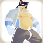  2d_(artwork) anthro arm_hair australian bandit_heeler barazoku beard big_bulge blue_body blue_fur bluey_(series) body_hair bottomwear bulge canid canine canis chest_hair clothed clothing domestic_dog facial_hair father_(lore) fur hair hairy hi_res jacket male male/male mammal mature_male musclegut muscular muscular_anthro muscular_male nipples open_clothing open_jacket open_topwear overweight pants parent_(lore) pecs pose pubes slightly_chubby smile snout solo sweatpants topwear vaggo yellow_body yellow_fur 