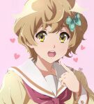  1girl blonde_hair bow green_bow green_eyes hair_ornament hand_up heart hibike!_euphonium index_finger_raised kawashima_sapphire kitauji_high_school_uniform long_sleeves looking_at_viewer neckerchief open_mouth pink_neckerchief pointing pointing_at_self polka_dot polka_dot_bow school_uniform shirt simple_background smile solo usagihop watermark yellow_shirt 