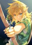  aqua_eyes archaic_set_(zelda) blonde_hair bow_(weapon) earrings green_tunic hair_between_eyes jewelry kuina_(escapegoat) link pointy_ears shield shield_on_back the_legend_of_zelda the_legend_of_zelda:_tears_of_the_kingdom tunic weapon 