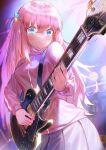  1girl blue_eyes bocchi_the_rock! breasts closed_mouth commentary_request cube_hair_ornament electric_guitar gotou_hitori grey_skirt guitar hair_between_eyes hair_ornament highres holding holding_instrument instrument jacket long_hair long_sleeves medium_breasts one_side_up pink_hair pink_jacket pleated_skirt skirt solo usanekorin very_long_hair 