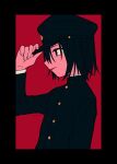  1boy adjusting_clothes adjusting_headwear black_border black_eyes black_hair black_headwear border buttons eyelashes gakuran gakuseibou highres jaibo lipstick litchi_hikari_club long_sleeves makeup male_focus menma_(enaic31) red_background school_uniform solo upper_body 