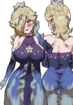  1girl alternate_costume back bare_shoulders blonde_hair blue_eyes blush breasts commentary commentary_request crown curvy dress earrings elbow_gloves evening_gown from_behind gloves gradient_clothes hair_ornament hand_in_own_hair highres jewelry large_breasts looking_at_viewer mario_(series) one_eye_covered open_mouth rosalina simple_background skin_tight solo super_mario_galaxy toggy_keiichi white_background 