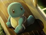  artist_name grass looking_at_viewer mark331 no_humans pokemon pokemon_(creature) sitting solo squirtle veranda watermark wooden_floor 