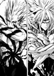  2boys abs absurdres armor chikidney closed_mouth colored_sclera crossed_arms garou_(one-punch_man) highres injury light_smile lord_boros male_focus monochrome multiple_boys muscular muscular_male one-eyed one-punch_man pointy_ears scar scar_on_face spiked_arm spiked_hair topless_male upper_body white_background 
