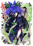  1girl bamboo_shoot black_gloves black_hair china_dress chinese_clothes dress flower flower_on_head gloves itomugi-kun long_hair open_mouth plant purple_dress purple_eyes purple_flower short_sleeves smile solo touhou vine_print vines yomotsu_hisami 