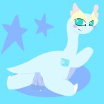  abstract_background absurd_res amaura anus blue_body blush female feral fossil_pokemon generation_6_pokemon genitals hi_res lineless looking_at_viewer lying nintendo on_front pokemon pokemon_(species) pussy rory_arctic_fox shiny_pokemon smile solo teal_eyes 