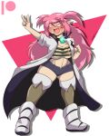  big_breasts blush bottomwear breasts cleavage clothed clothing coat elf eyes_closed female gesture hair humanoid lab_coat legwear mastergodai open_mouth pink_hair shorts skimpy smile solo stockings topwear v_sign 