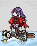  1boy 1girl :d afloat chibi fire_emblem fire_emblem:_radiant_dawn fire_emblem_heroes headband hood hooded_robe kiran_(fire_emblem) kiran_(male)_(fire_emblem) ninja official_alternate_costume official_alternate_hairstyle ponytail purple_hair robe sanaki_kirsch_altina sanaki_kirsch_altina_(ninja) smile stepped_on tenmaru thighhighs walking water 