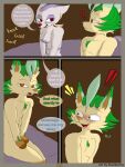  3:4 absurd_res anthro bed bedroom blush breasts canid canine comic digital_drawing_(artwork) digital_media_(artwork) duo eeveelution english_text female flamberry_(artist) fur furniture generation_4_pokemon generation_5_pokemon hair hi_res leafeon lyennan_venizee_flare_(flamberry) mae_lin_shun male male/female mammal mienshao mustelid musteline nintendo nipples nude open_mouth pokemon pokemon_(species) simple_background smile surprised_expression text tongue 