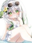  1girl arm_support bikini blush bow bow_bikini breasts cross-shaped_pupils eyewear_on_head feet_out_of_frame finger_to_mouth flower frilled_bikini frills genshin_impact green_eyes green_hair green_nails hair_between_eyes hair_flower hair_ornament highres knees_up leaf_hair_ornament long_hair looking_at_viewer multicolored_hair nahida_(genshin_impact) nanakusa_yomogi partially_submerged pointy_ears side_ponytail sitting small_breasts solo swimsuit symbol-shaped_pupils water water_drop white-framed_eyewear white_bikini white_hair 