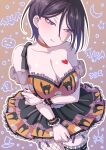  1girl animal_print asymmetrical_hair bang_dream! black_hair blush breasts cat_print choker cleavage closed_mouth collarbone dress fishnet_thighhighs fishnets hair_between_eyes heart heart_tattoo highres kitayu large_breasts licking_lips looking_at_viewer orange_choker pumpkin_print purple_eyes short_hair skirt smile solo standing tattoo thighhighs tongue tongue_out wrist_cuffs yashio_rui 