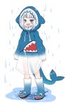  1girl :d animal_costume animal_hood blue_eyes blue_footwear blue_hair blue_hoodie blunt_bangs blush_stickers boots commentary_request fins fish_tail flat_chest full_body gawr_gura gawr_gura_(1st_costume) gradient_footwear gradient_hoodie hololive hololive_english hood hood_up hoodie itamochi looking_at_viewer multicolored_hair open_mouth puddle rain rubber_boots see-through shark_costume shark_girl shark_hood shark_print shark_tail sharp_teeth sidelocks simple_background sleeves_past_wrists smile solo standing stitches streaked_hair tail teeth virtual_youtuber water white_background white_footwear white_hair white_hoodie 