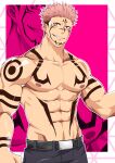  1boy abs absurdres arm_tattoo artist_name bara belt biceps black_hair chest_tattoo extra_eyes highres jujutsu_kaisen kiazu114 large_pectorals looking_at_viewer male_focus manly muscular muscular_male nipples pants pectorals pink_background pink_hair red_eyes ryoumen_sukuna_(jujutsu_kaisen) signature smirk stomach_tattoo tattoo thick_arms topless_male 