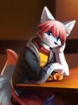  anthro arm_tuft beverage black_clothing black_jacket black_topwear blue_body blue_eyes blue_fur blue_hair blue_tail bottomwear brown_nose canid cheek_tuft clothed clothing collar dipstick_tail elbow_tuft facial_tuft fur glistening glistening_eyes hair hi_res jacket kuttoyaki looking_at_viewer male mammal markings red_bottomwear red_clothing red_collar red_hair red_shorts red_tail shorts sitting solo striped_arms tail tail_markings topwear tuft white_body white_fur white_hair yellow_clothing yellow_topwear 
