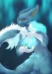  absurd_res anthro blep blue_body blue_eyes blue_fur elemental_manipulation fenril_(spicy_flakes) frost_jeckals_(huf13) fur gradient_background hi_res ice_manipulation looking_at_viewer male markings neck_tuft siggi(artist) simple_background solo tail tail_tuft thigh_up tongue tongue_out tuft white_tongue 