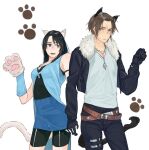  1boy 1girl animal_ears animal_hands arm_warmers belt black_gloves black_hair black_jacket black_pants black_shorts black_tank_top blue_eyes blue_skirt blue_vest blush brown_hair cat_ears cat_girl cat_paws cat_tail final_fantasy final_fantasy_viii fur-trimmed_jacket fur_trim gloves grey_eyes holding_hands jacket jewelry leather_belt long_hair long_sleeves multicolored_hair multiple_belts necklace nini_tw99 open_clothes open_jacket open_mouth pants paw_gloves paw_pose paw_print rinoa_heartilly scar scar_on_face shirt short_hair shorts simple_background skirt sleeveless smile squall_leonhart streaked_hair sweatdrop tail tank_top v-neck vest white_background white_fur white_shirt 