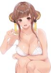  1girl bra breasts brown_eyes brown_hair double_bun earrings fang hair_bun highres indie_virtual_youtuber jewelry large_breasts mahjong nude open_mouth purelove_acc sakino_moco strip_game strip_mahjong tassel tassel_earrings underwear virtual_youtuber white_background white_bra 