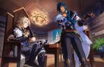  2boys albedo_(genshin_impact) aqua_eyes arm_support black_gloves blonde_hair blue_eyes blue_hair blue_pants blue_shirt book chair chandelier coat crossed_legs curtains dark-skinned_male dark_skin earrings eyepatch fingerless_gloves from_below fur_scarf genshin_impact gloves highres hooded_coat indoors jewelry kaeya_(genshin_impact) looking_at_another multiple_boys pants plant shelf shirt single_earring sitting srro_yo standing table teapot vision_(genshin_impact) white_coat window 