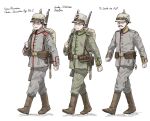  3boys anyan_(jooho) bolt_action brown_footwear facial_hair german_army german_empire german_text green_jacket green_pants grey_jacket grey_pants gun highres jacket looking_at_another mauser_98 military_uniform multiple_boys mustache original pants rifle smile uniform walking weapon white_background yellow_headwear 