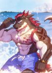  1boy abs absurdres alternate_costume artist_request bara beard blue_male_swimwear bulge chest_tattoo dragon_(any) dragon_boy dragon_ears facial_hair feet_out_of_frame forked_eyebrows furry furry_male goggles goggles_on_head hair_over_shoulder highres island jewelry large_pectorals male_focus male_swimwear mature_male muscular muscular_male navel nipples ocean original pectorals pendant ponytail red_hair scar scar_across_eye second-party_source solo stomach sunlight swim_trunks tattoo thick_eyebrows topless_male v-taper wet 