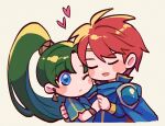  1boy 1girl blue_cape blue_eyes blush cape closed_eyes eliwood_(fire_emblem) fire_emblem fire_emblem:_the_blazing_blade green_hair hand_grab heart highres hug lyn_(fire_emblem) open_mouth ponytail red_hair simple_background ttt_fe3 