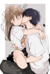  1boy 1girl black_hair black_pants black_sailor_collar black_skirt black_socks blush bra breasts breath brown_hair closed_eyes closed_mouth clothes_grab heart hetero highres kiss kissing_neck long_hair nonoyama open_clothes open_shirt orange_bra original pants sailor_collar school_uniform serafuku shirt short_sleeves simple_background sitting skirt socks sweat two-tone_background underwear white_shirt 