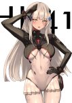  1girl 360_(taiyo360) absurdres aqua_hair armored_bodysuit black_bodysuit blunt_bangs bodysuit covered_navel cowboy_shot facial_mark girls&#039;_frontline green_eyes hand_on_own_hip hand_up highres hk416_(girls&#039;_frontline) hk416_(midnight_evangelion)_(girls&#039;_frontline) long_hair multicolored_bodysuit multicolored_clothes official_alternate_costume salute teardrop teardrop_facial_mark teardrop_tattoo two-tone_bodysuit white_background white_bodysuit 