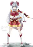  1girl absurdres alternate_costume armor artist_name boots bow closed_mouth colored_tips commentary_request english_text feathers fujiwara_no_mokou full_body grey_hair hair_bow highres japanese_armor kotatsu kusazuri long_hair looking_at_viewer low-tied_long_hair multicolored_hair red_bow red_eyes sample_watermark shoulder_armor simple_background smile sode solo standing table tadie_(innovation1998) thighhighs touhou white_background white_thighhighs 