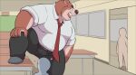  &lt;3 00murice 2023 anthro bear belly big_belly black_nose blush bottomwear brown_body classroom clothing detailed_background group inside kemono male mammal necktie overweight overweight_male pants school shirt surprise topwear 