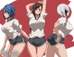  2b_(nier:automata) 3girls aqua_(kingdom_hearts) arms_up ass black_blindfold black_hair blindfold blue_eyes blue_hair breasts closed_mouth crossover excaliblader final_fantasy gym_uniform kingdom_hearts large_breasts looking_at_viewer multiple_girls nier:automata nier_(series) paid_reward_available patreon_username red_eyes shirt short_hair short_shorts shorts smile thighs tifa_lockhart web_address white_hair white_shirt 