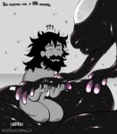  alien beard black_body black_hair breasts duo english_text facial_hair featureless_breasts female hair hi_res human larger_female male mammal not_furry nude size_difference smaller_human smaller_male text the_wanderer ze_blackball.d 