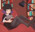  1girl artist_name barleyshake black_hair black_pantyhose black_shorts blunt_bangs book bookshelf full_body hilda_(series) kaisa_(hilda) lamp library multicolored_hair open_book pantyhose purple_hair reading shorts sitting solo_focus two-tone_hair 