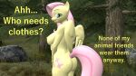  anthro anthrofied big_breasts breasts butt dialogue english_text equid equine feathers female fluttershy_(mlp) forest friendship_is_magic hair hasbro hi_res mammal my_little_pony nipples nude outside papadragon69 pegasus pink_hair plant solo text tree wings yellow_body yellow_feathers 